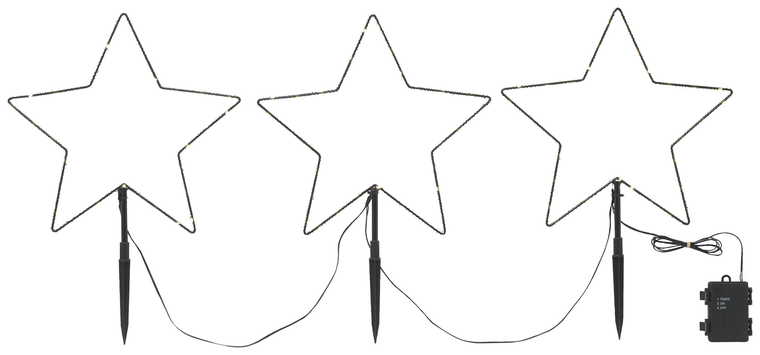Three glowing star lights on ground stakes, connected by cables, with battery compartment on the right. Decorative Christmas lighting.