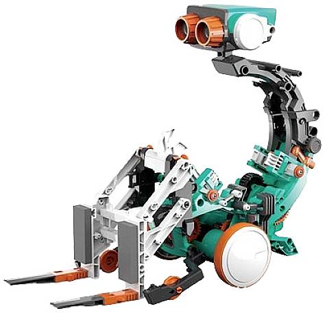 A robot constructed from building blocks with robotic arms and a camera-like sensor, presented in a grey, green, and orange colour combination.