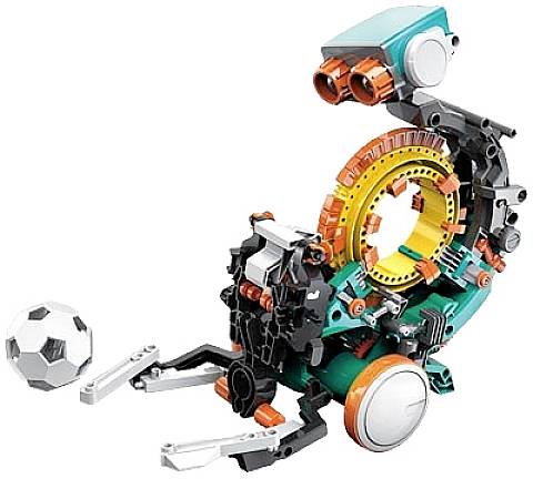 Toy device made of colourful building blocks, depicting a robot or mechanical arm, with a small football lying beside it.
