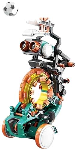 Model of a colourful, futuristic robot with mechanical details and wheels. A toy ball is depicted in the top left.