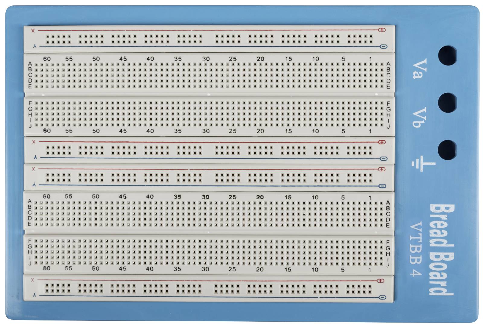 A blue breadboard with four horizontal plug strips that can be used for electronic circuit experiments.