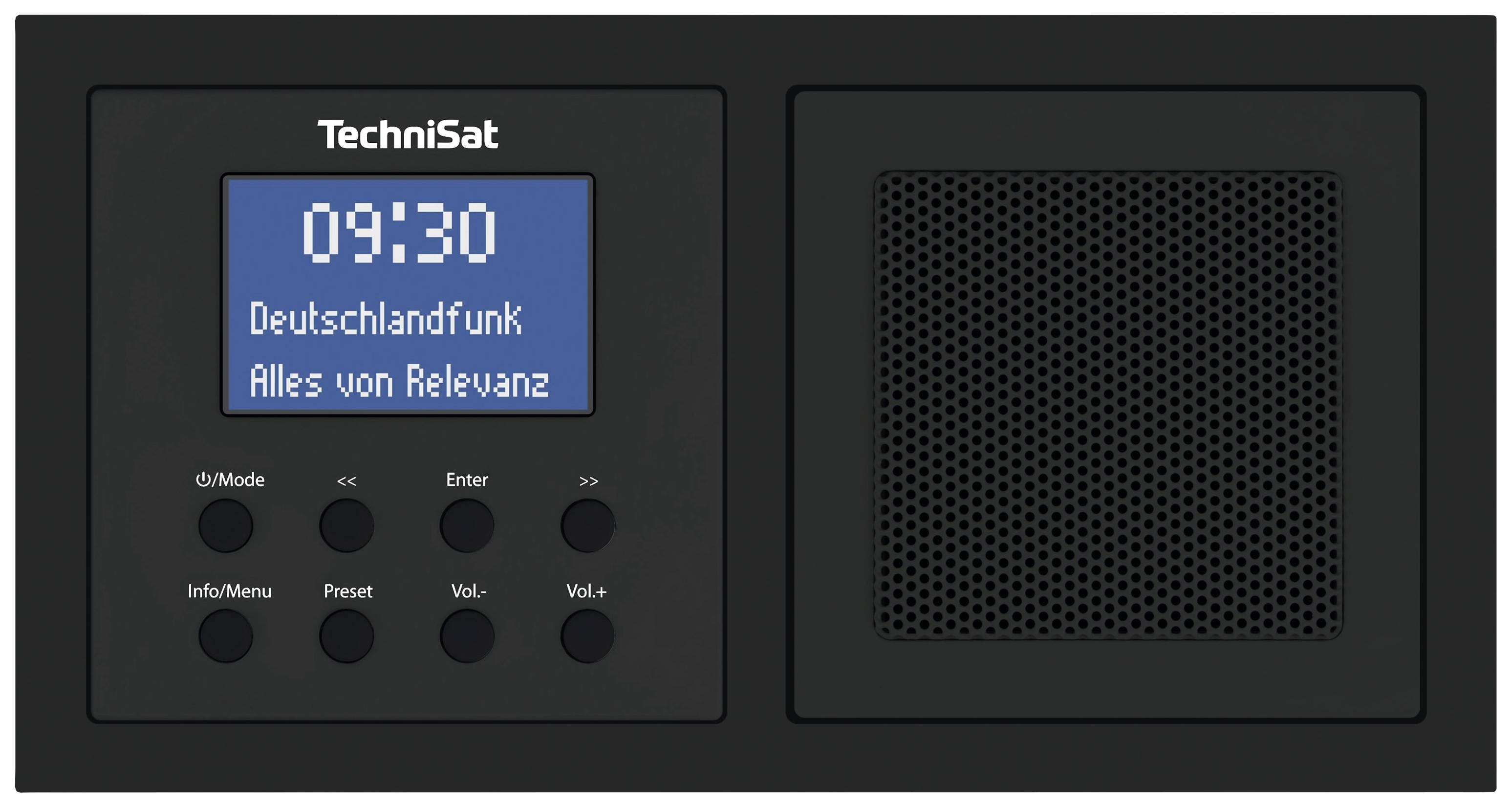 Black radio with display. On the display it reads '09:30 Deutschlandfunk All of Relevance'. A speaker is located on the right.