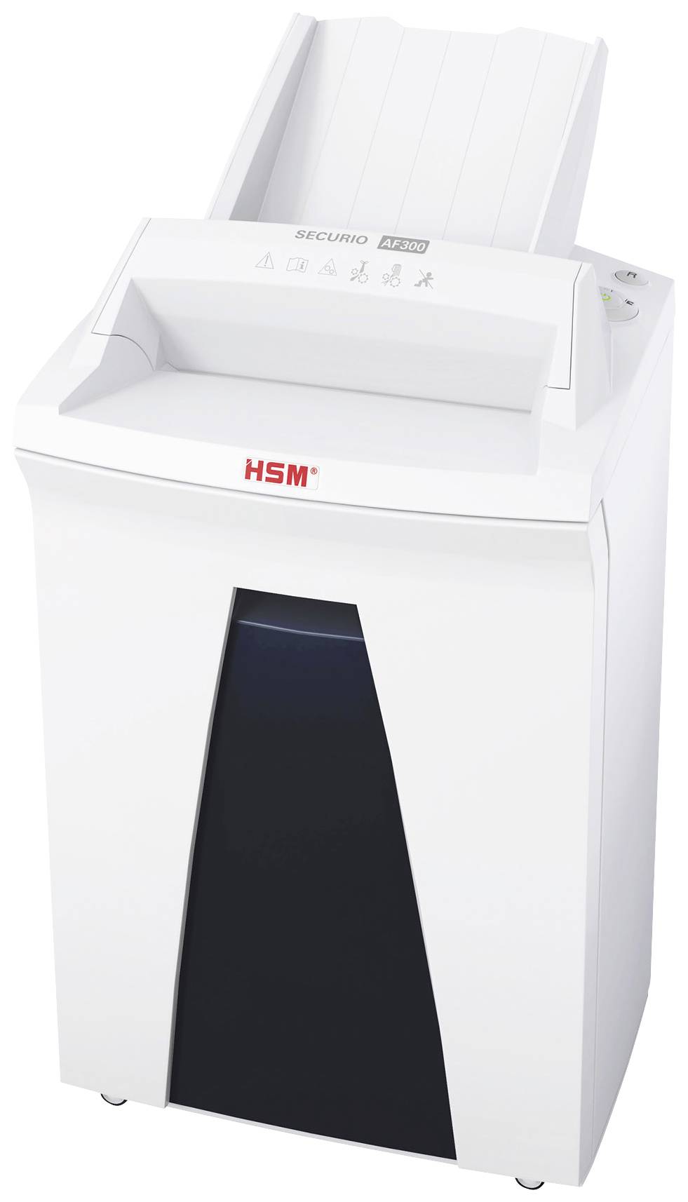 White paper shredder with paper feed at the top and control elements on the side; suitable for use in offices for securely destroying documents.