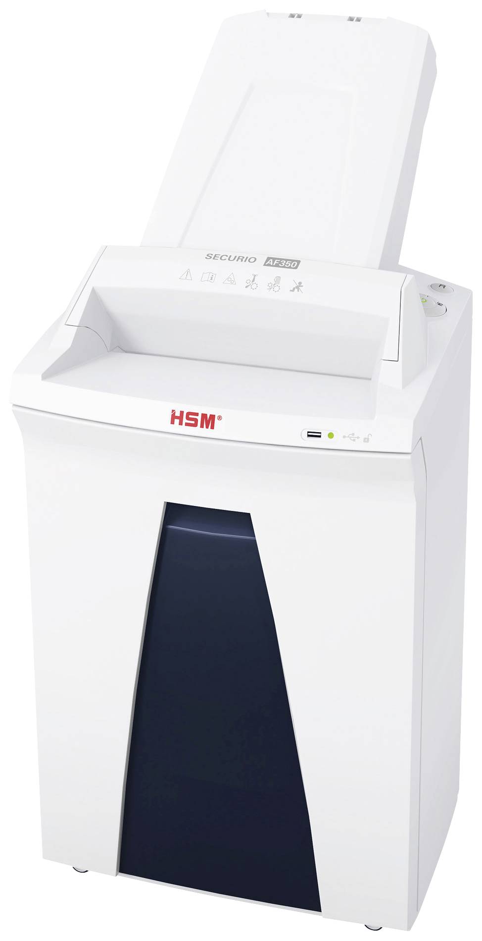 A white paper shredder with an open document feed. The front displays the 'HSM' logo.