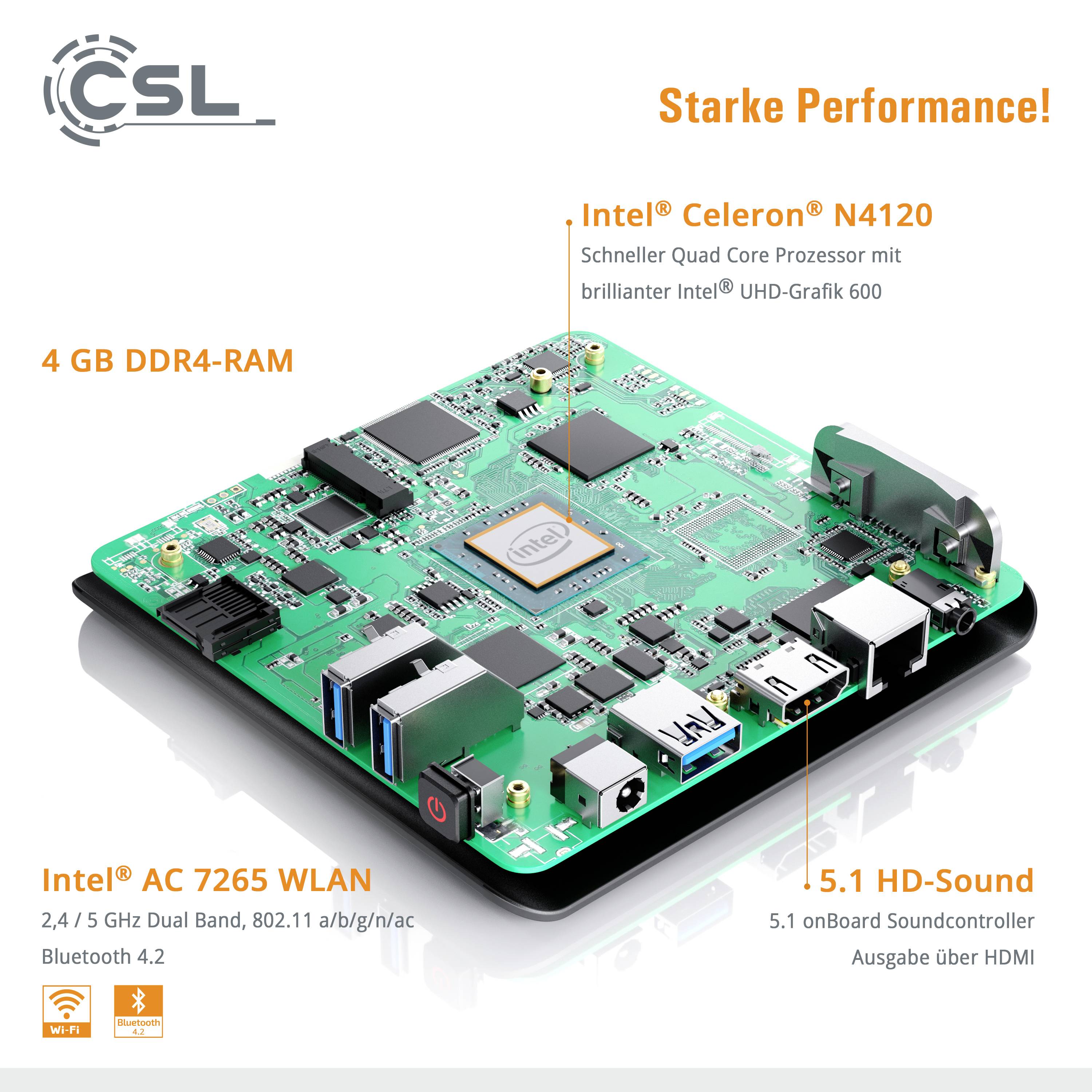 CSL Computer Mini PC Narrow Box Ultra HD Compact v4 Intel® Celeron® N4120 4 GB RAM 128 GB eMMC Intel HD graphics 600 Win 11 Pro
