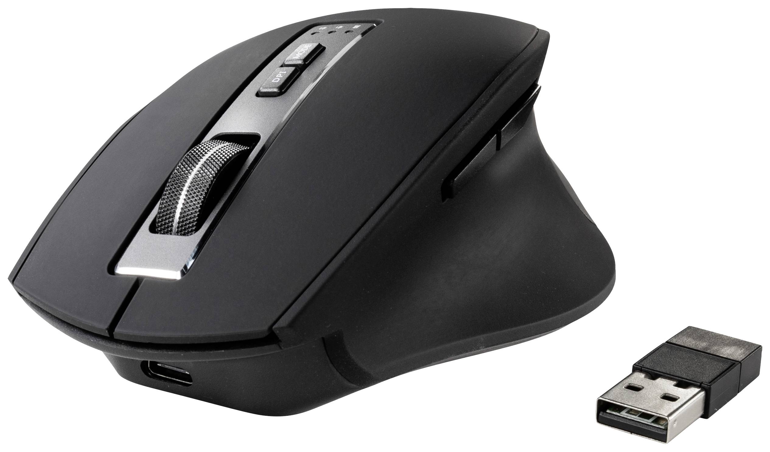 Black wireless computer mouse with separately illustrated USB dongle, showing ergonomic design and scrollable mouse wheel.