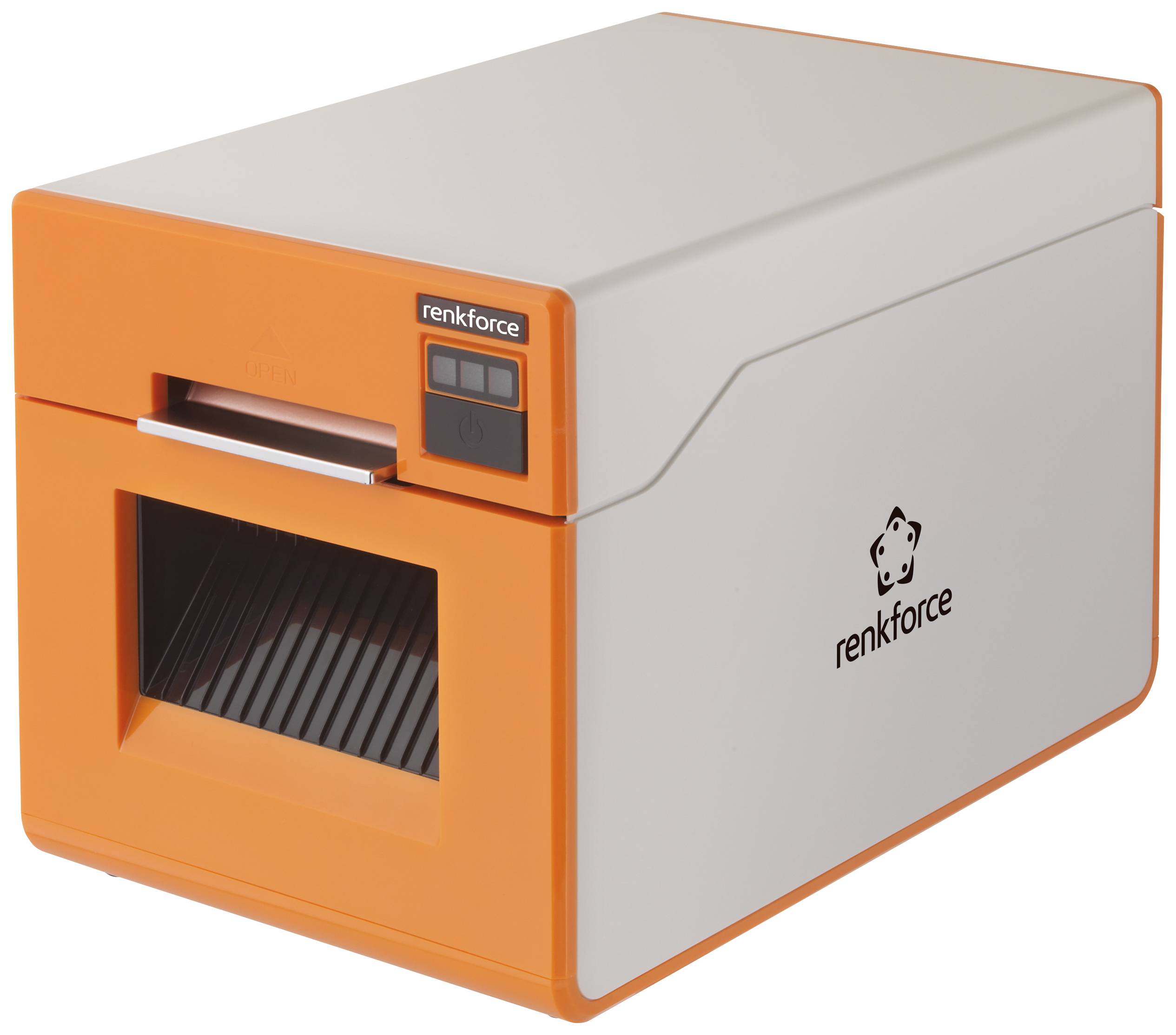 The Renkforce 3D printer in an orange and white design, suitable for printing smaller objects on a desktop.