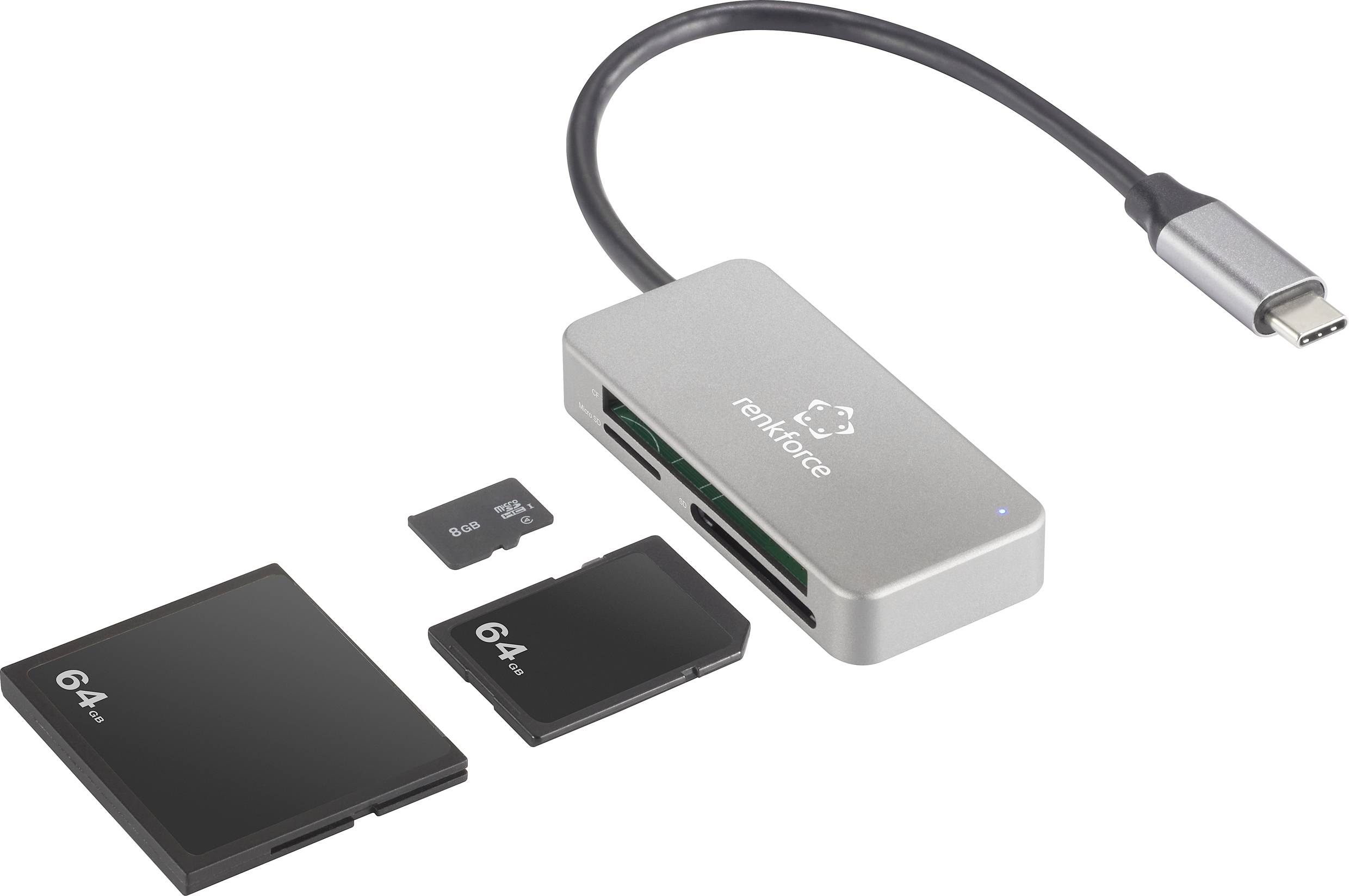 A silver USB-C hub with multiple SD and microSD card slots, alongside two 64-GB SD cards and a microSD card.