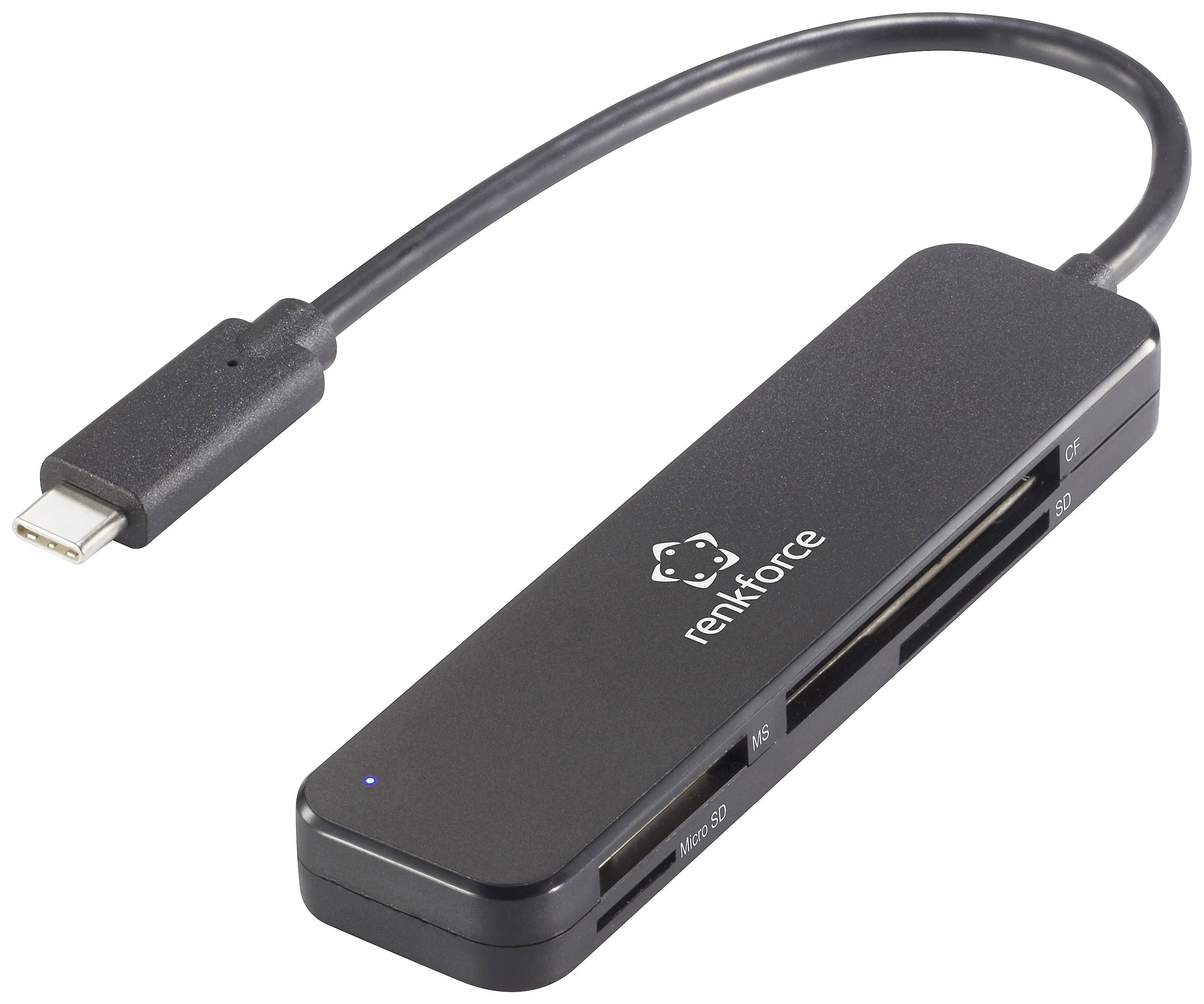 A black USB-C card reader by Renkforce with multiple card slots for various memory card types.