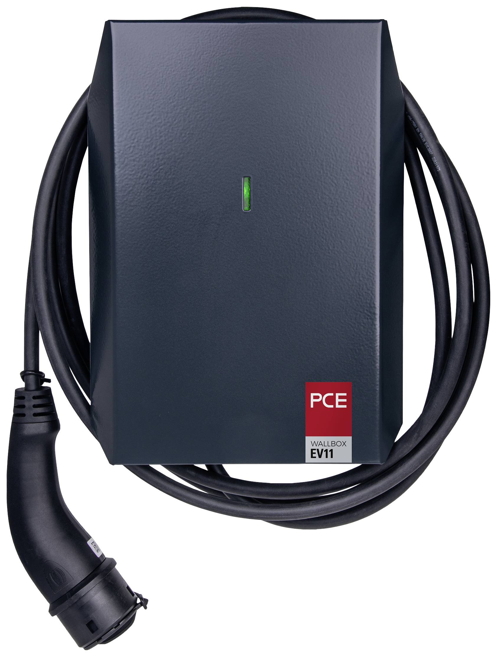 Electric charging point 'PCE Wallbox EV11' with black casing and connected charging cable.