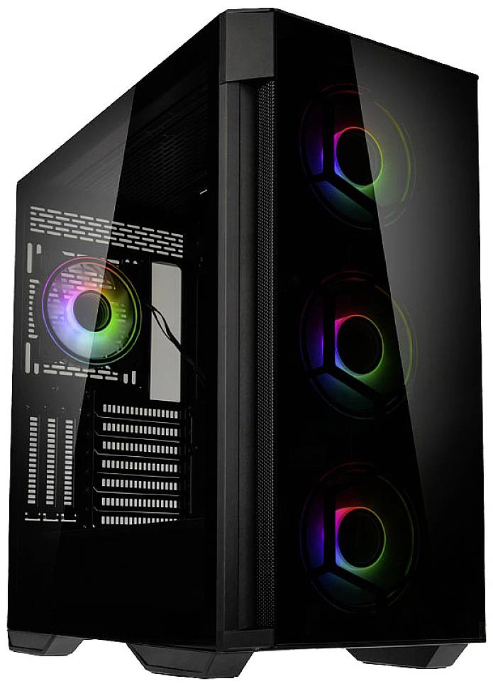 A modern gaming PC case with glass side panels and multi-coloured RGB lighting. Contains multiple fans.