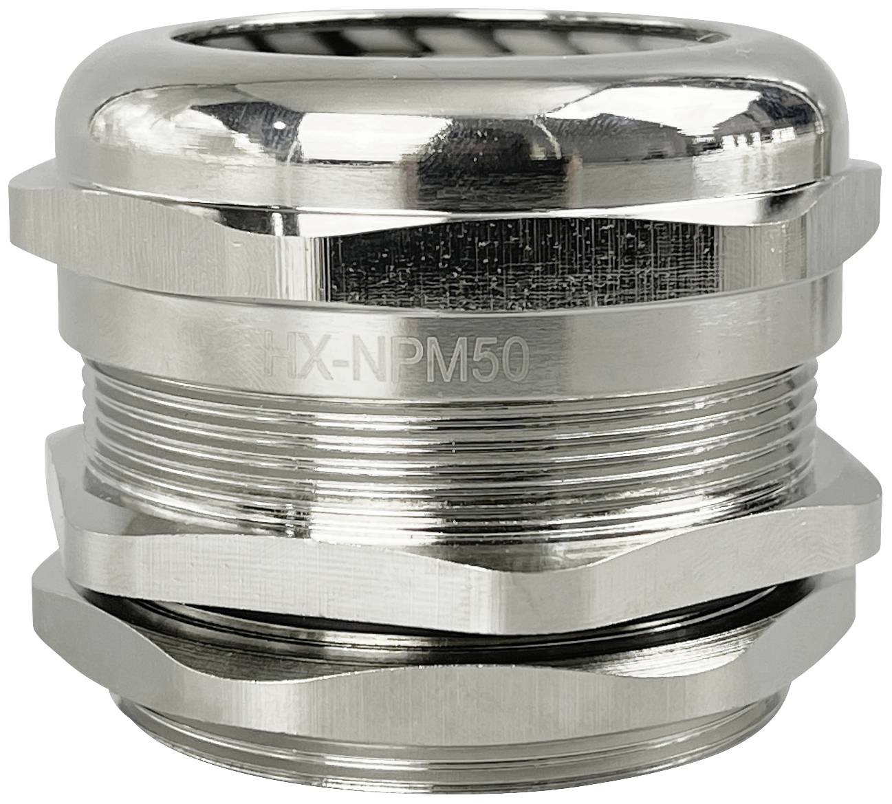 Metal cable gland made of polished steel, cylindrical in shape, for cable entries in industrial applications.