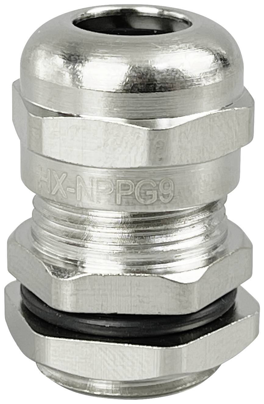 Metal cable gland with thread and seal, suitable for use in electrical installations for secure cable routing.