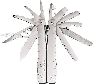 A penknife with various unfolded tools, including scissors, knife, saw, file, and tin opener.