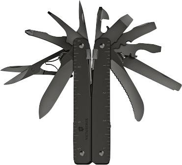 Multifunctional tool with various unfolded functions such as pliers, scissors, saw and file, all in black.