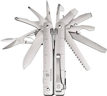 A multifunctional penknife with unfolded tools such as scissors, saw and bottle opener.