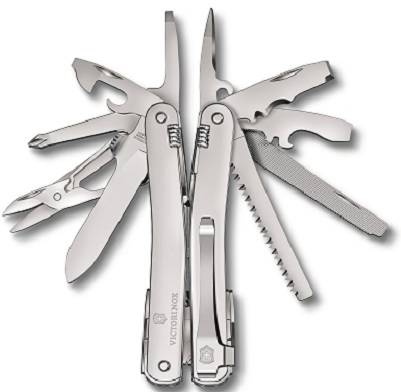 A penknife with multiple unfolded tools such as a knife, scissors, saw, and screwdriver.