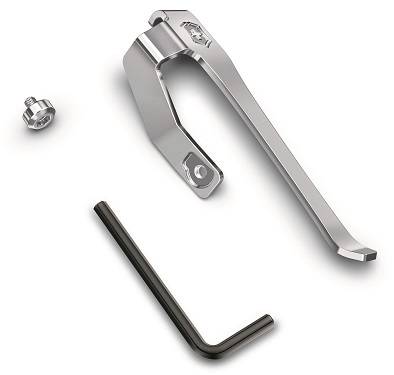 Metal bottle opener with curved handle, mounting screw, and Allen key pictured. Ideal for wall mounting.