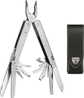 A silver multi-tool with open pliers, several integrated tools, and a black leather pouch.