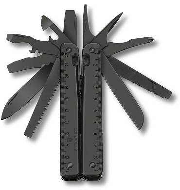 Multifunctional pocket knife with black tools: saw, screwdriver, file, scissors and knife unfolded.