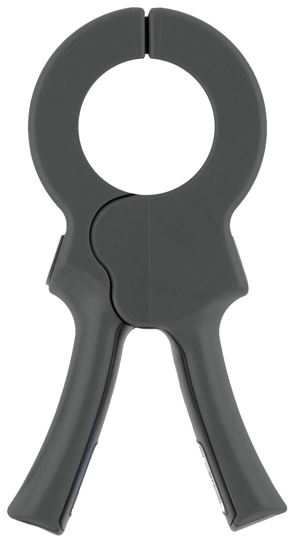Black plastic pliers with a circular opening at the top and two handles at the bottom, used for gripping and holding objects.