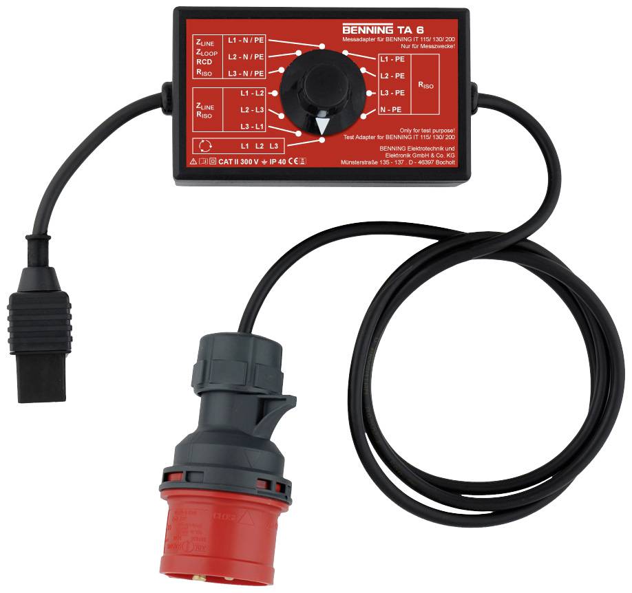 'Benning TA 4' adapter with multiple plug connections and notes on connection testing. Used in electrical measuring instruments.