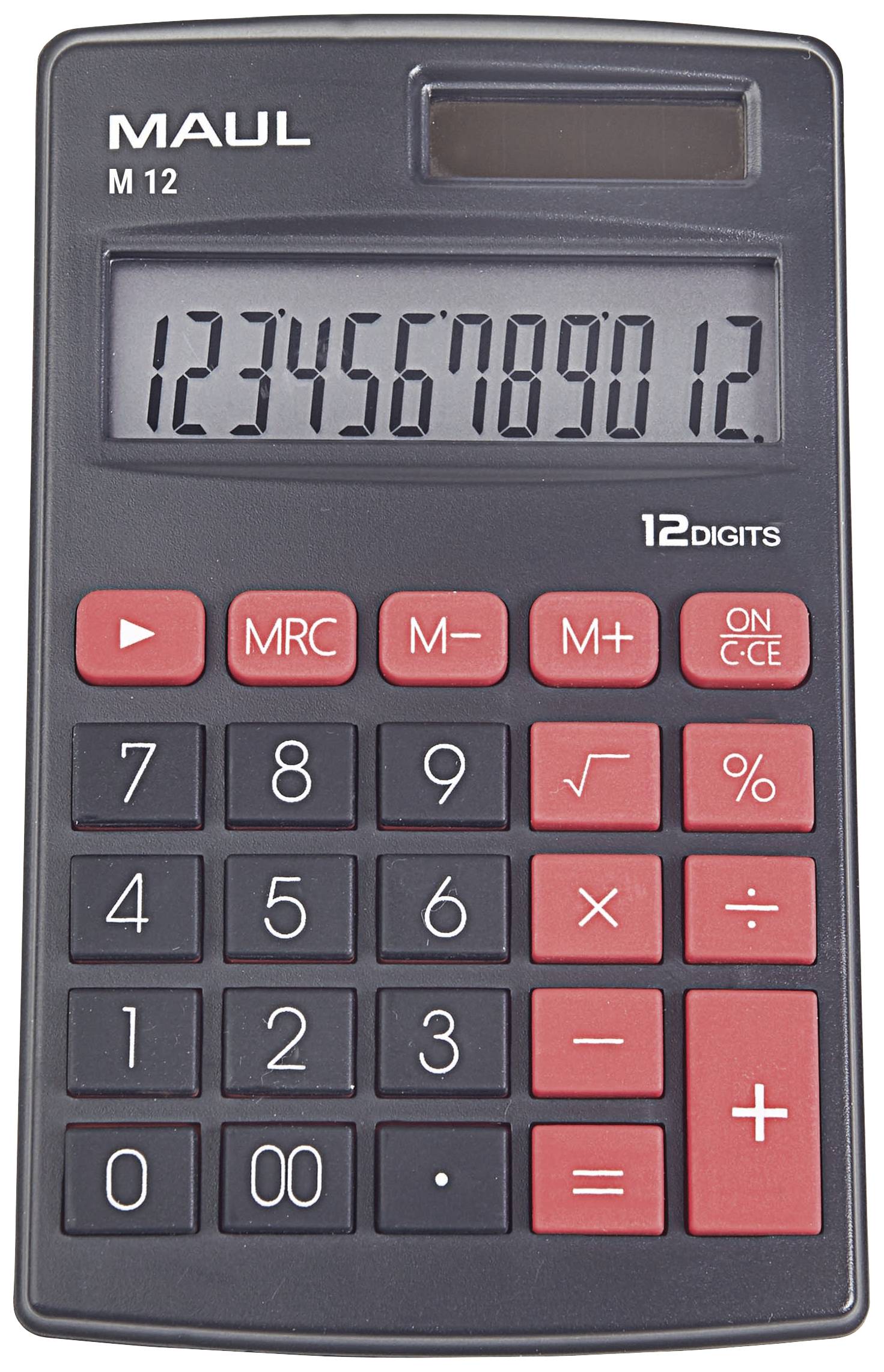 A desk calculator with a 12-digit display shows the number sequence '123456789012'. The keys are black and red.
