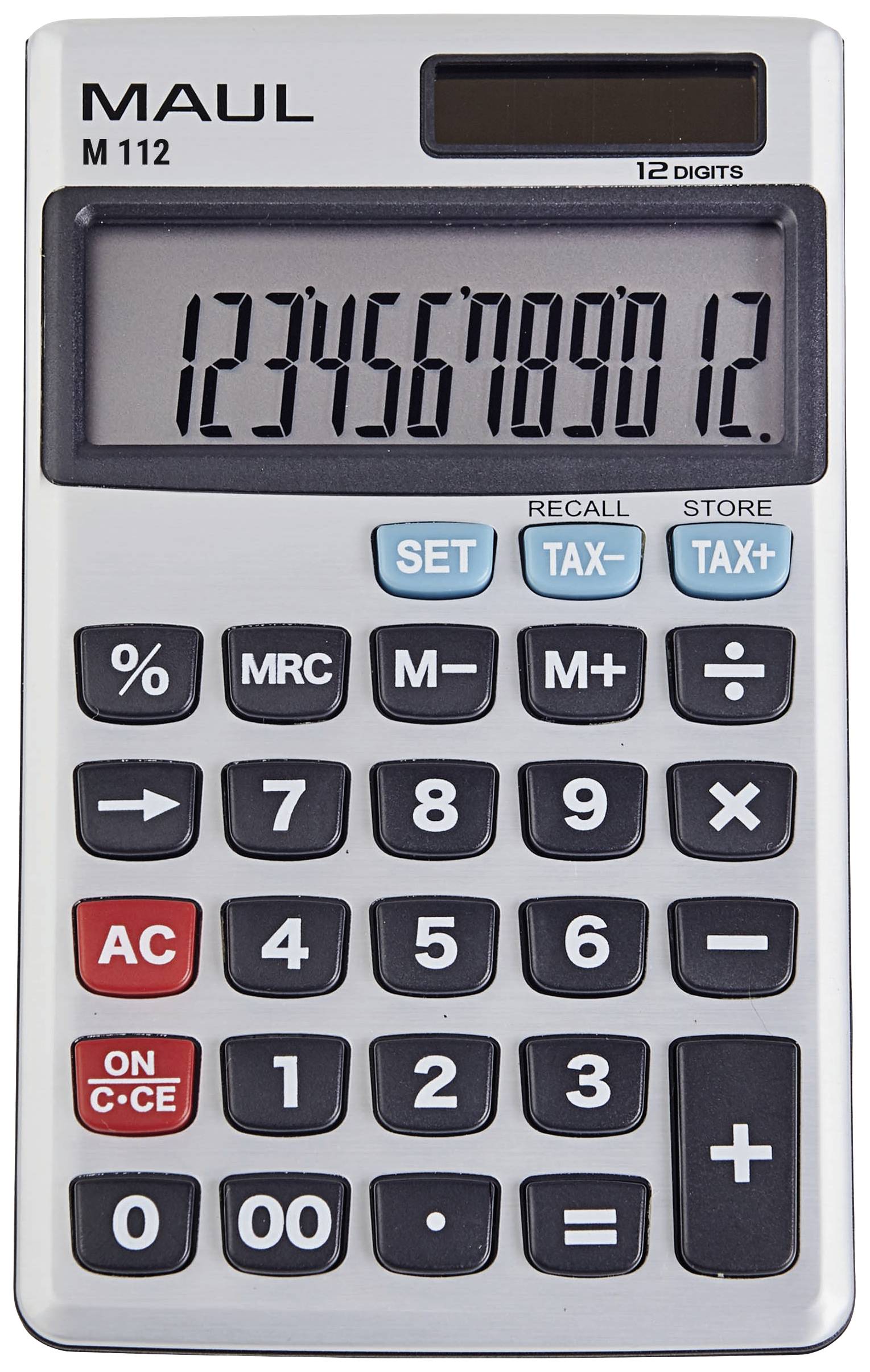 A calculator displays the digit sequence '123456789012'. The calculator has 12 digits, buttons for basic arithmetic operations and tax calculations.