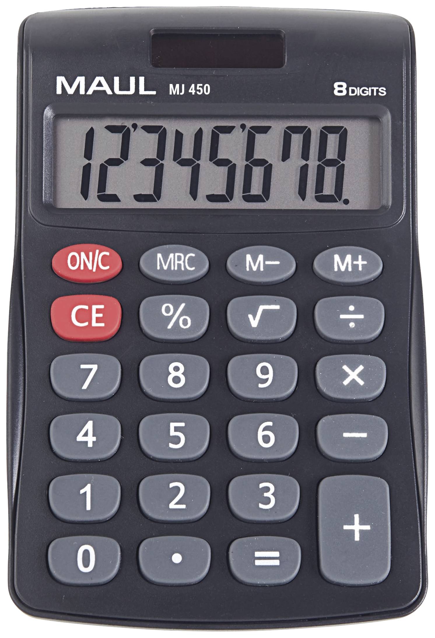 Black calculator displaying the numbers '12345678'. Buttons for basic calculation functions such as addition, subtraction, percentage.