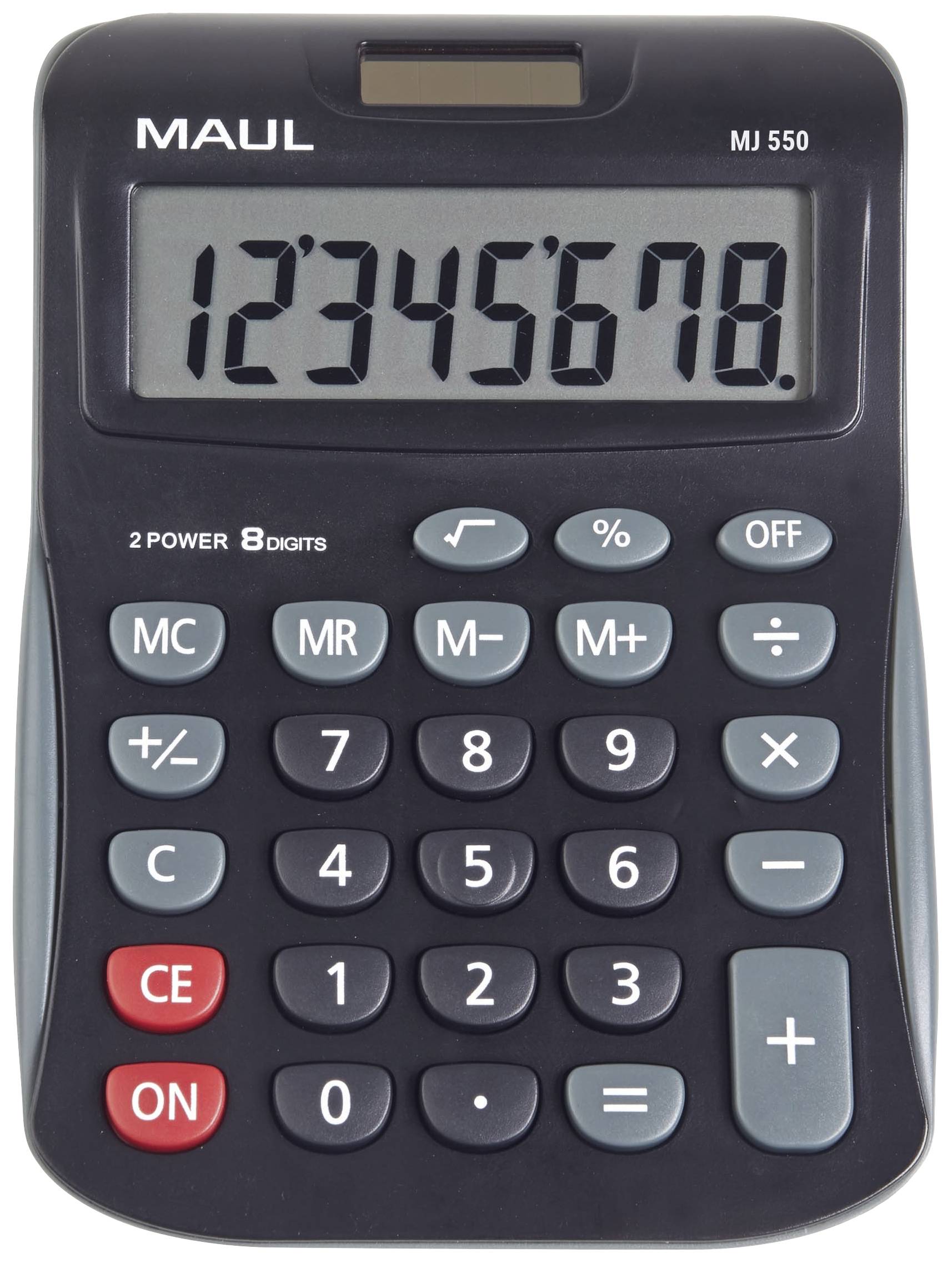 A black calculator with grey and red buttons displays the numbers '12345678' on its screen. Brand name and model: 'MAUL MJ 550'.