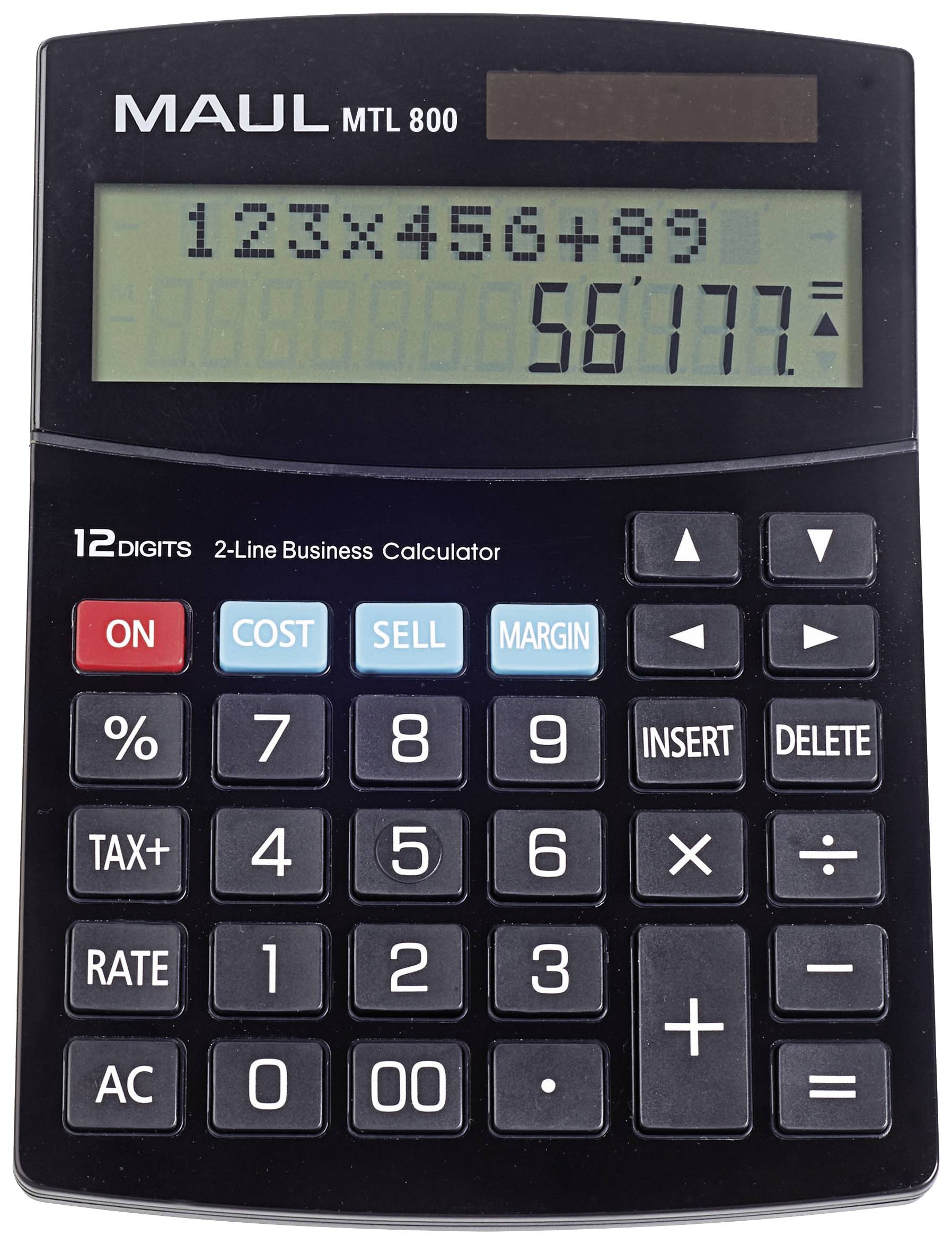 Electronic pocket calculator with a two-line display; top line shows '123+456+89', bottom line displays '56177'.