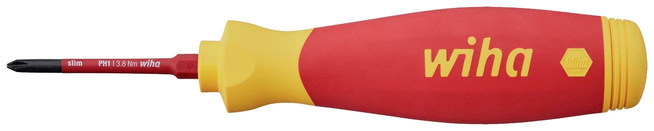 A red and yellow screwdriver by Wiha with an ergonomic handle for precise work and a sharp black cross-head.