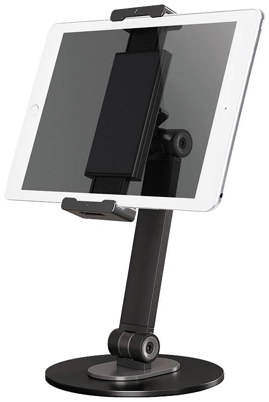 Tablet holder on a black stand, adjustable and rotatable. Ideal for using tablets in portrait or landscape orientation.