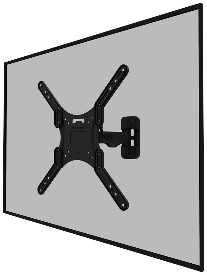 A flat television is mounted on an adjustable wall bracket. The bracket allows flexible positioning of the screen.