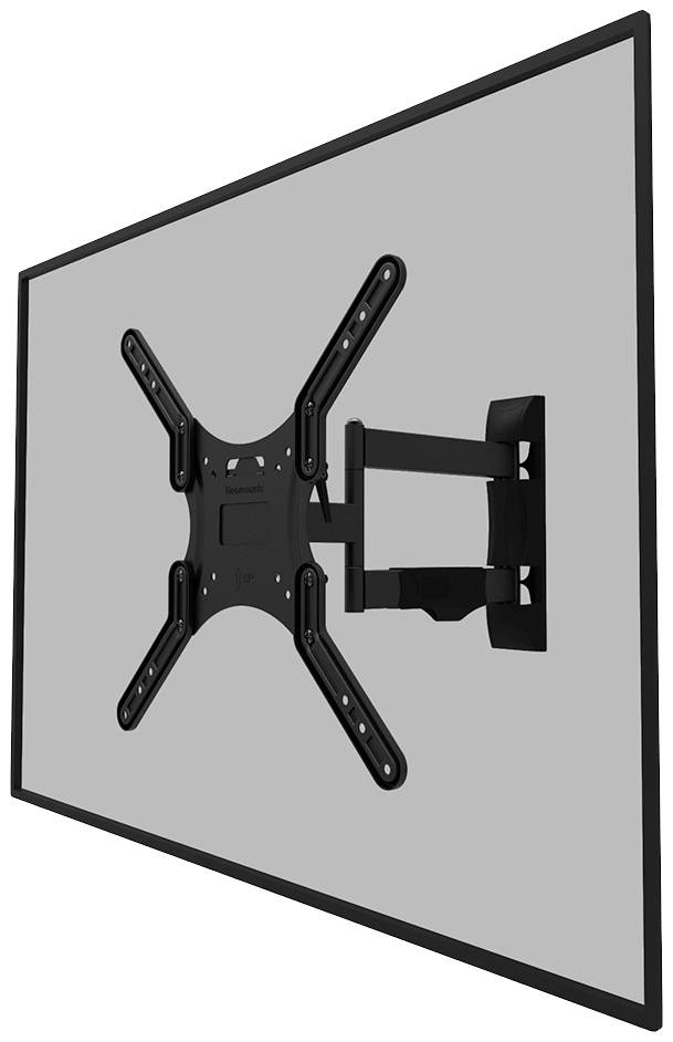 Black metal wall mount with VESA compatibility, attached to a grey rectangular surface, suitable for flat screens.