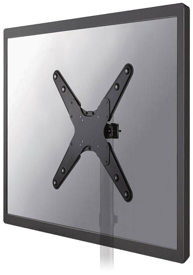 A black monitor or screen mount without a visible screen, mounted on a stand.