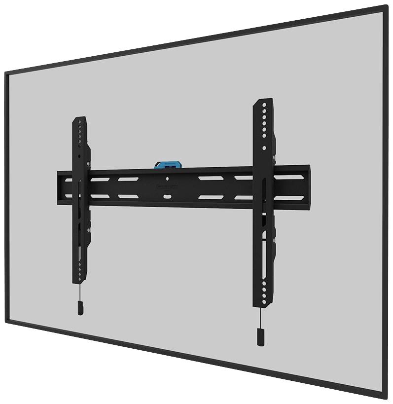 Black, flat TV wall mount with adjustable arms, mounted on a grey background. Suitable for large screen sizes.