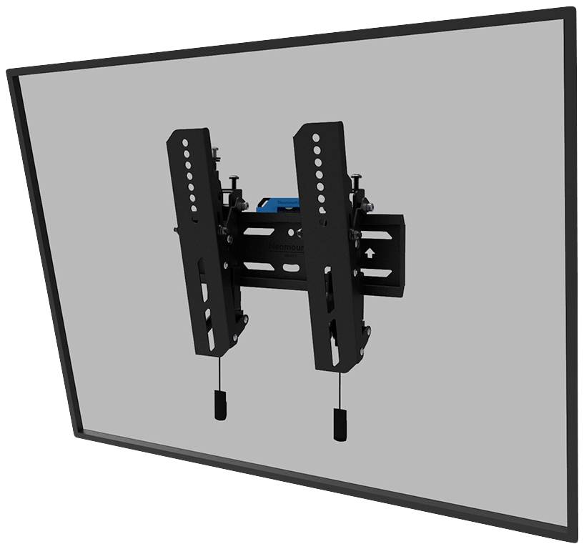 A black TV wall mount, installed on a grey wall, displays adjustable brackets and mounting screws in the foreground.