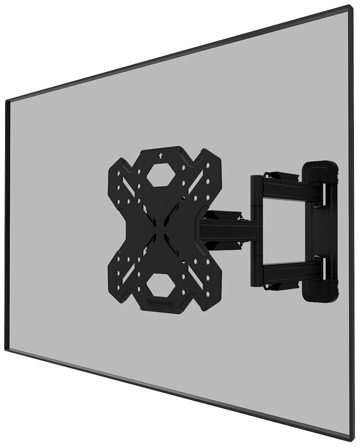 A black, adjustable wall mount for a television or monitor, mounted on a grey wall, is presented from the side.