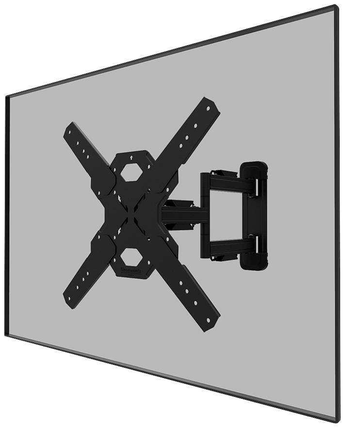 A black TV wall mount is attached to a screen. The mount can swivel and tilt to adjust the position of the television.