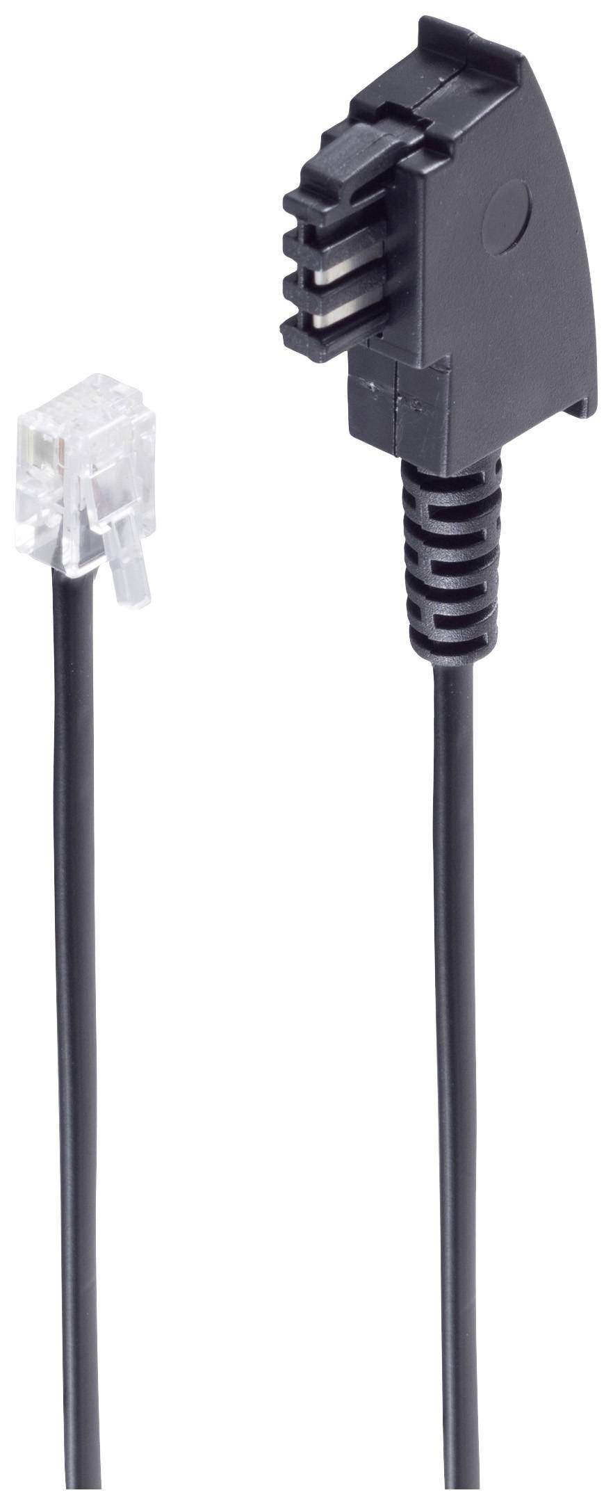 A black telephone connection cable with two connectors, featuring an RJ11 plug and a wider, angled plug, set against a white background.