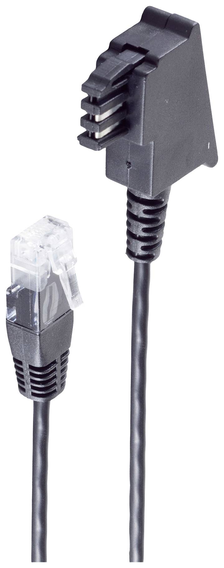 Two black telephone cables, one with a clear RJ11 plug and one with a black, wide T-plug.