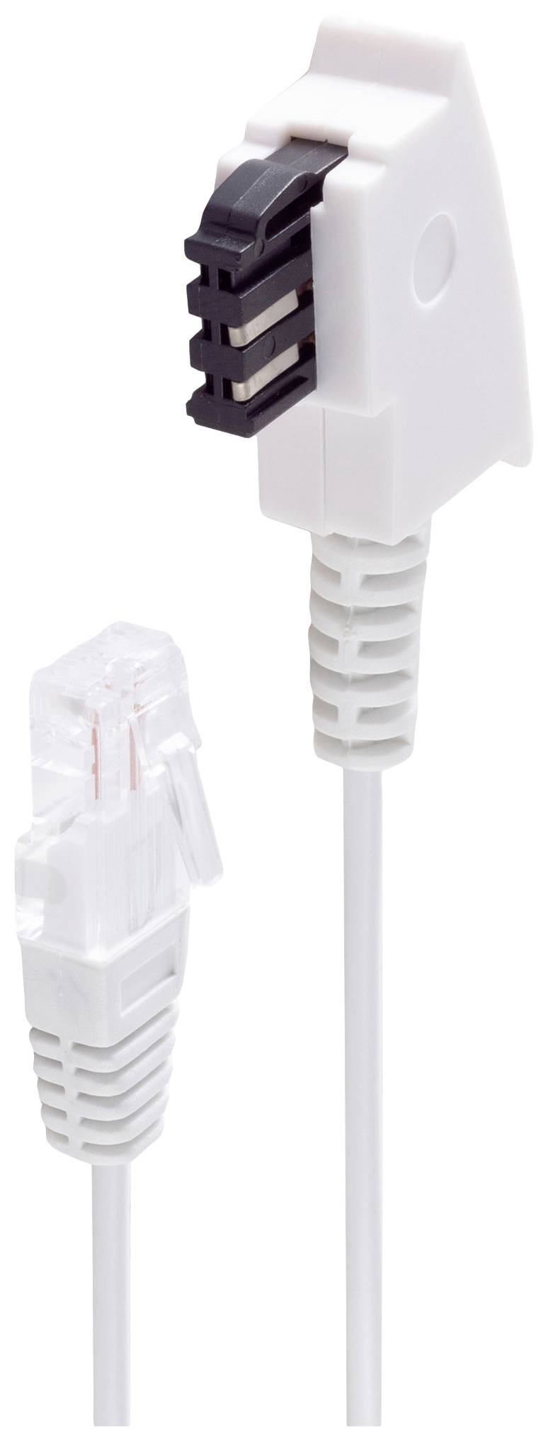 Cable with two plug types: an RJ11 plug on the left and an RJ45 plug on the right, both attached to a white cable.