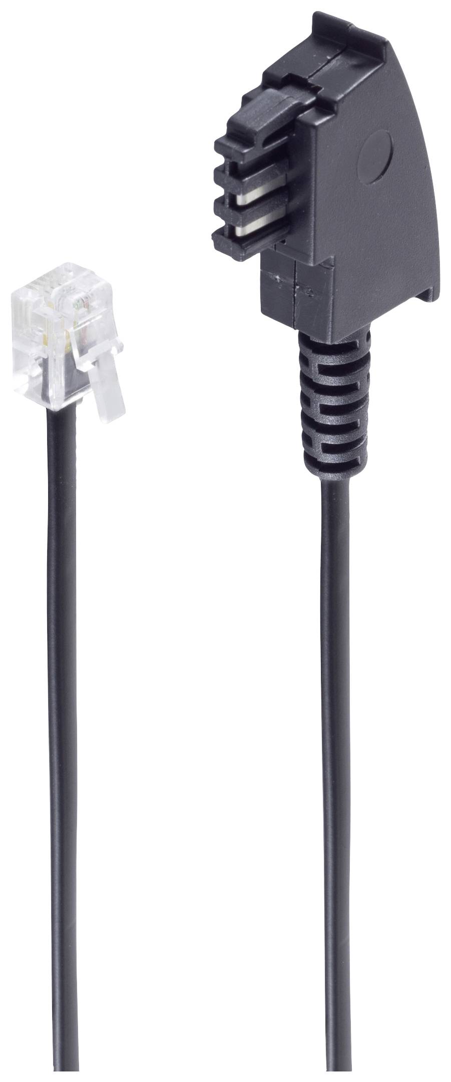 Telephone cable with two connectors: on the left an RJ11 plug, on the right a TAE plug. Used for analogue telephones and modems.