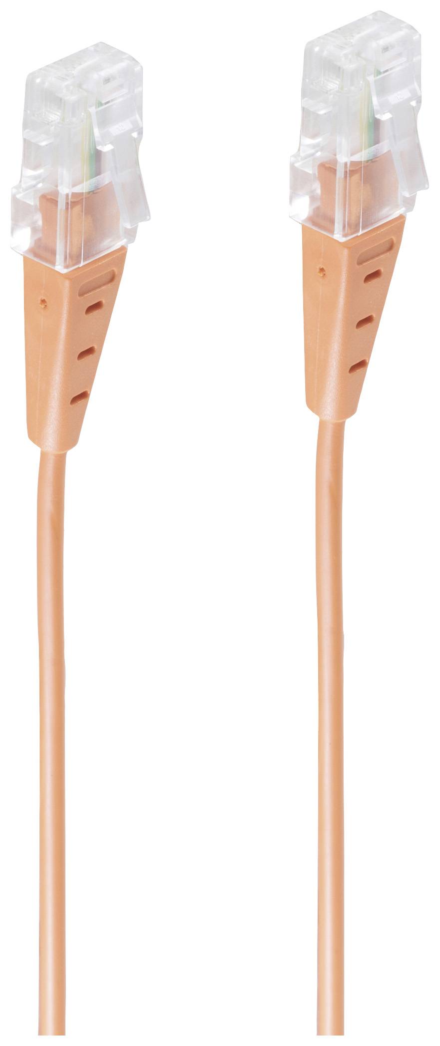 An orange network cable with transparent, rectangular connectors at both ends.