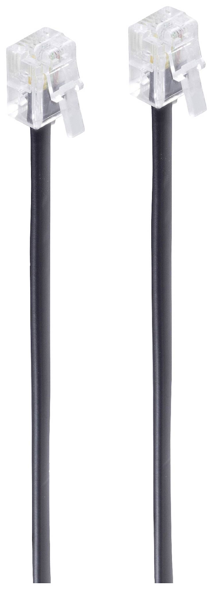 Two black telephone cables with transparent RJ11 connectors side by side.
