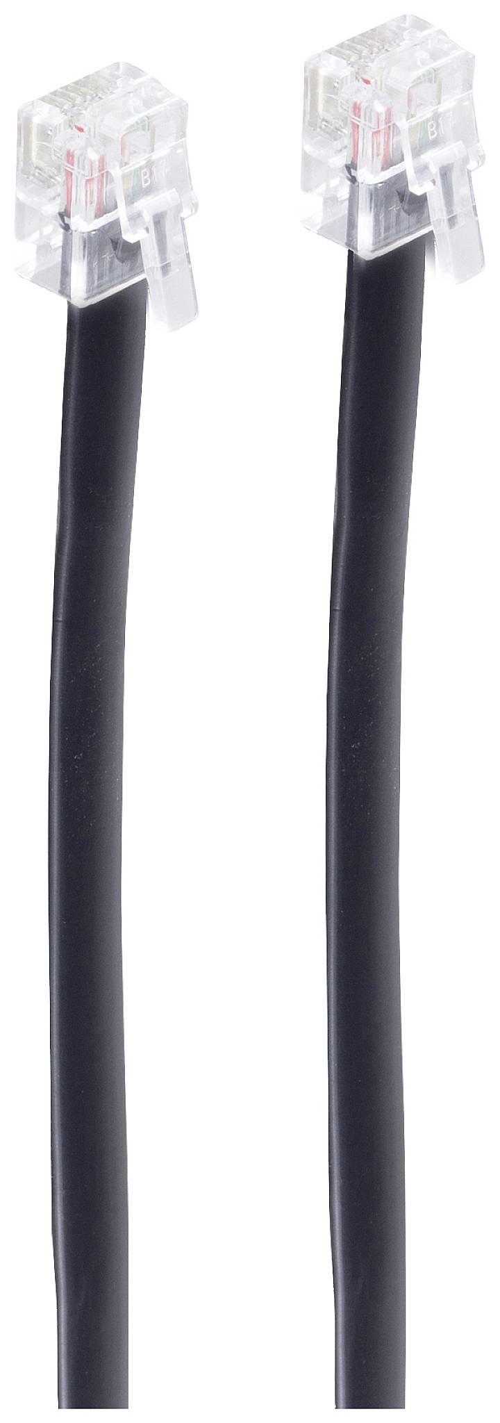 Two black RJ11 telephone cables with transparent plugs stand vertically side by side.