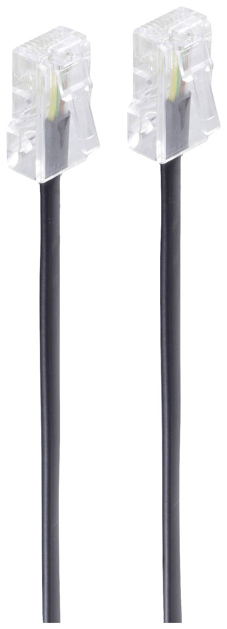 Two black telephone cables with transparent plugs, used for telephone or modem connections.