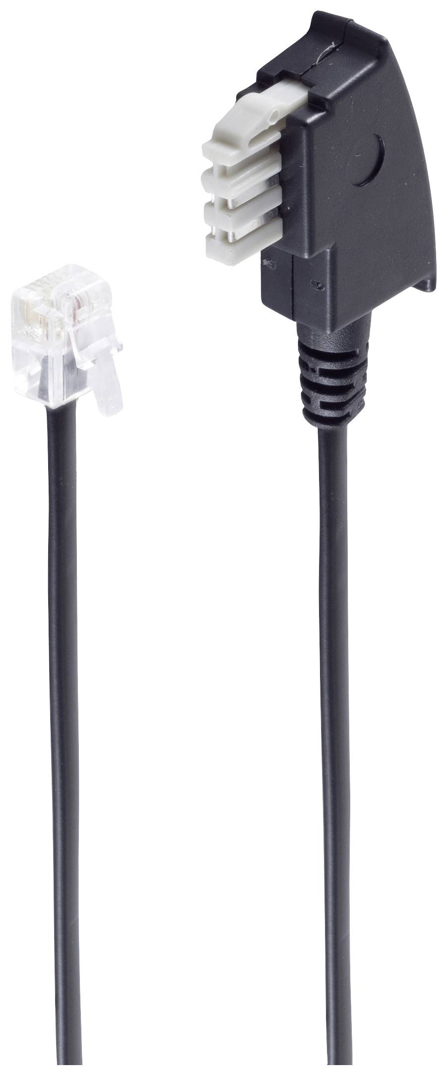 Black telephone cable with RJ11 plug and TAE-F plug, used for connecting landline telephones to the telephone socket.
