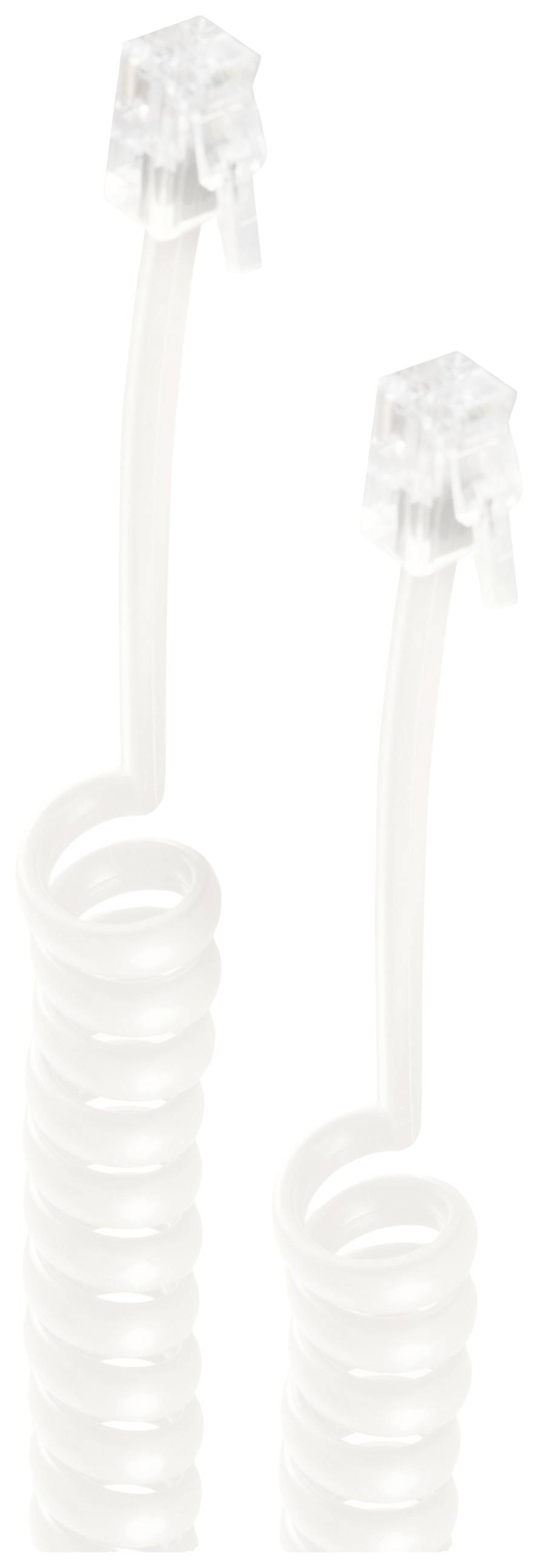 A white, spiral telephone cable with two transparent plugs.